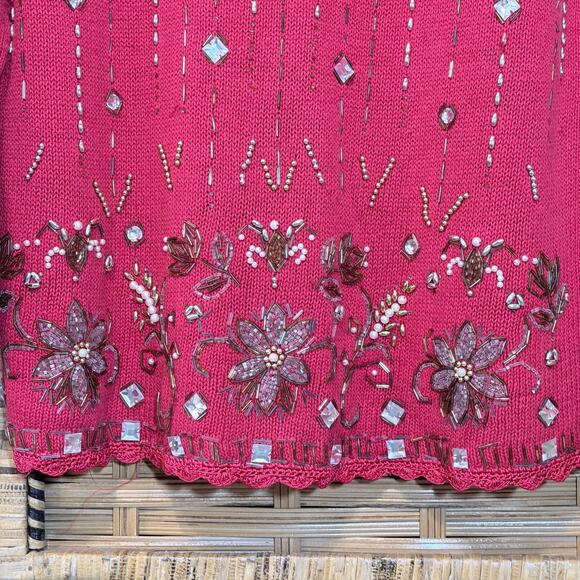 Vintage Red Beaded 1980s Knit Sweater Cotton Ramie Blend bling bedazzled - Picture 4 of 7
